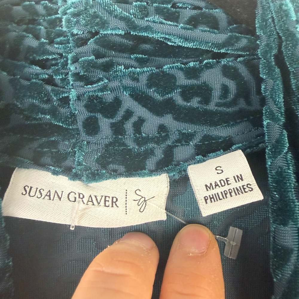 Susan Graver Cardigan Vest Women's Small Green Paisley Velvet Burnout Open Front - Picture 3 of 12